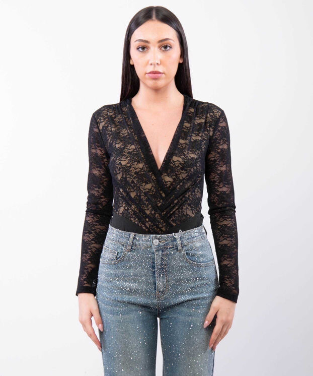 Wholesaler JULIA - Elegant Long-Sleeve Surplice Lace Bodysuit in Classic Black