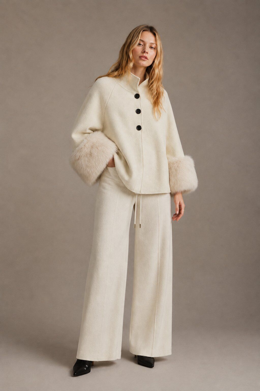 Wholesaler Justine&co Italy - Premium Ecru Knit Set with Faux Fur Sleeve Cape