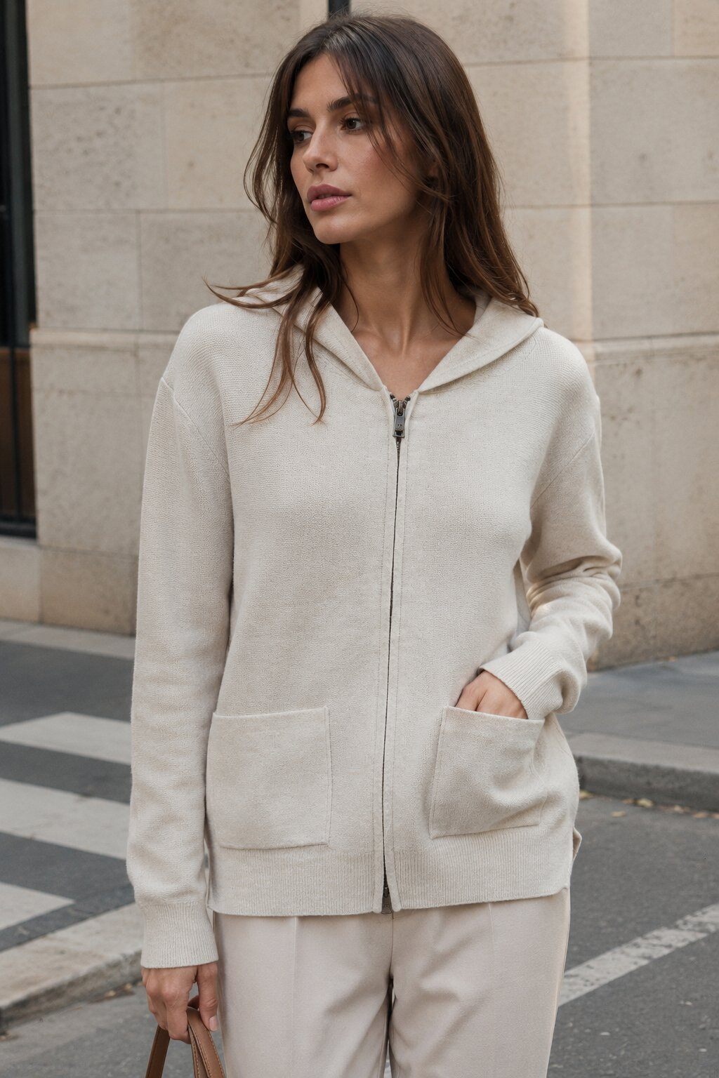Wholesaler Justine&co Italy - Soft Knit Ecru Zip-Up Hoodie – Relaxed Fit