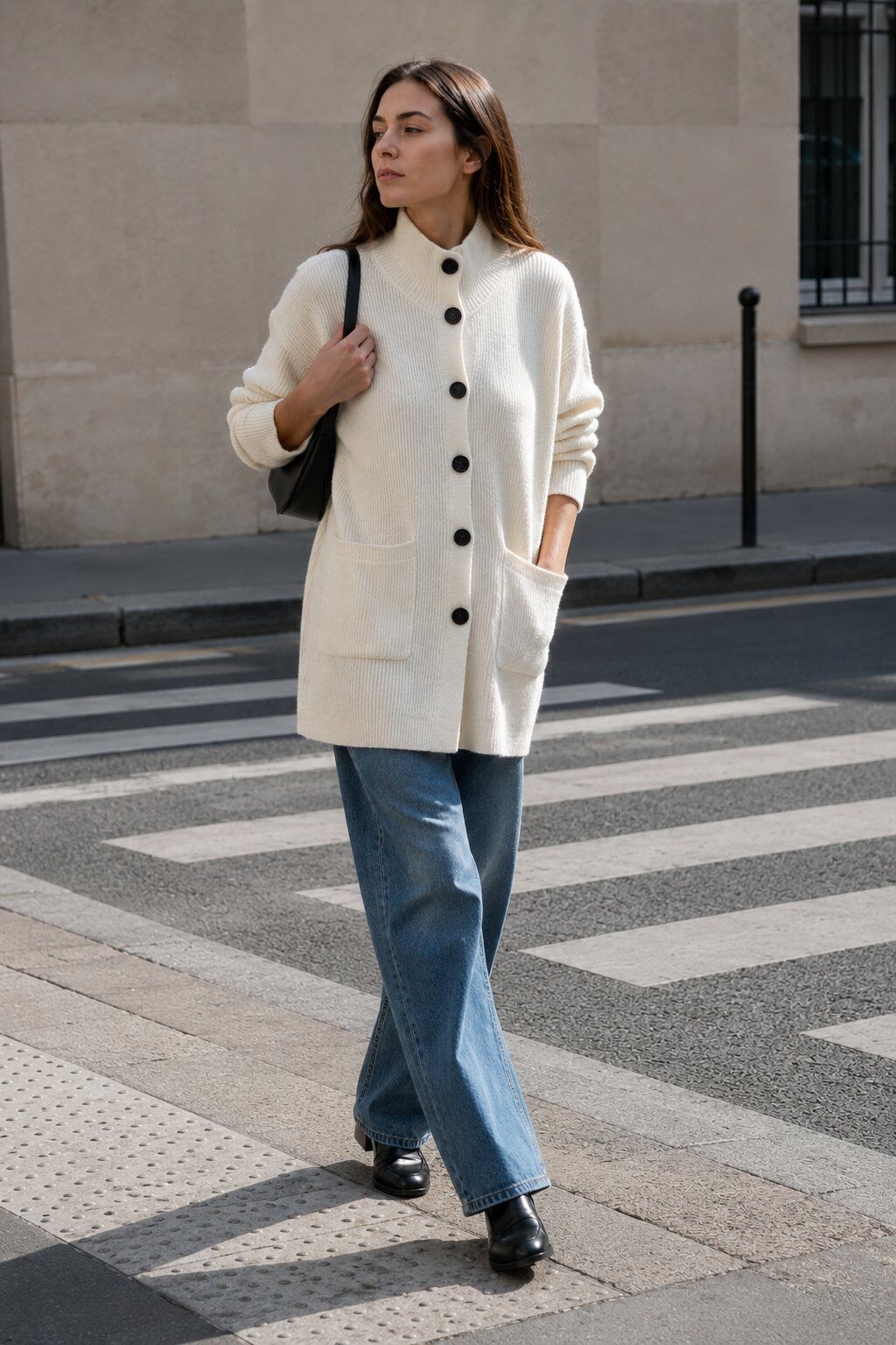 Wholesaler Justine&co Italy - Long Ribbed Knit Cardigan with Buttoned Turtleneck