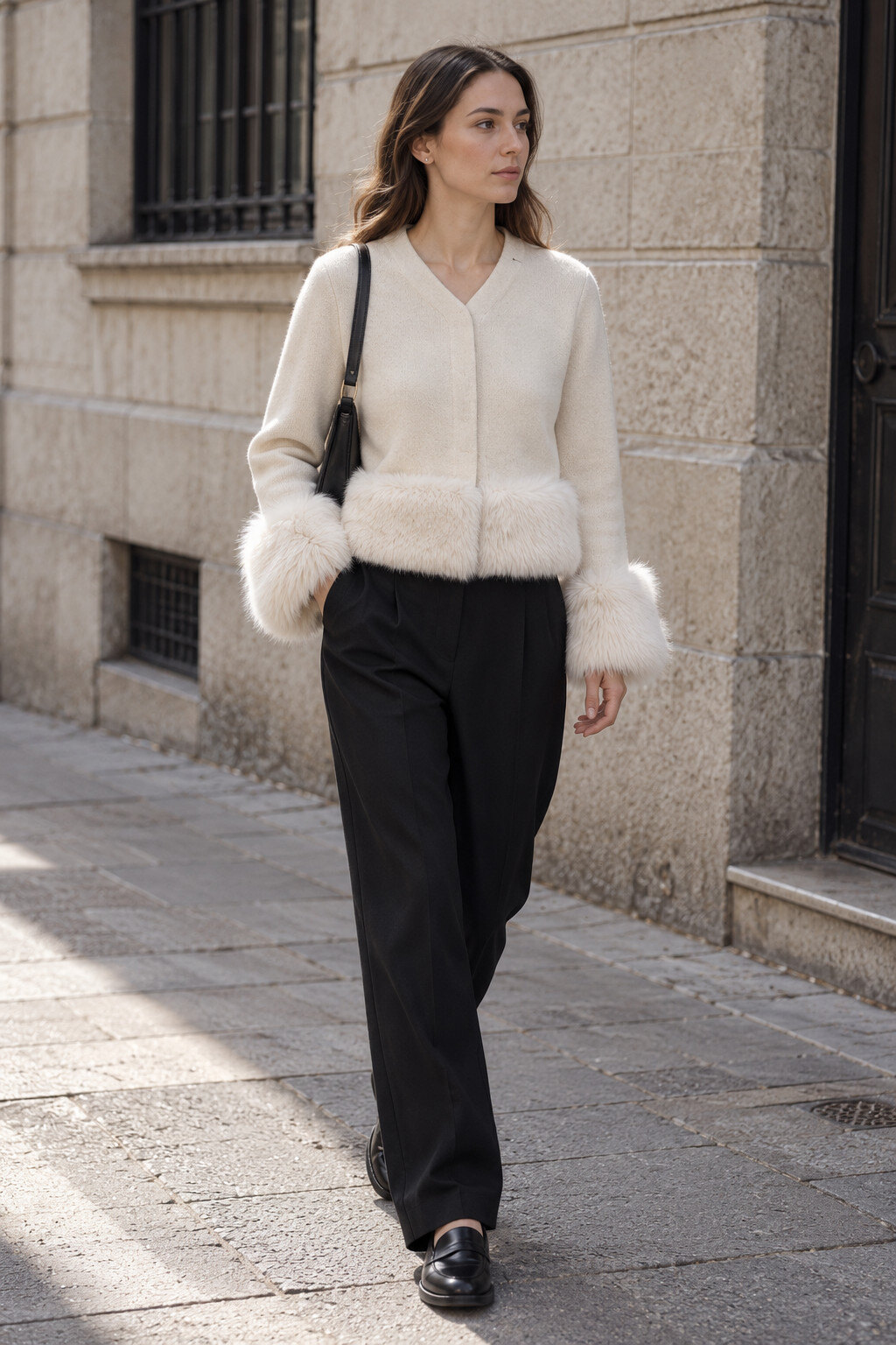 Großhändler Justine&co Italy - Elegante Strickjacke mit Kunstfellbesatz