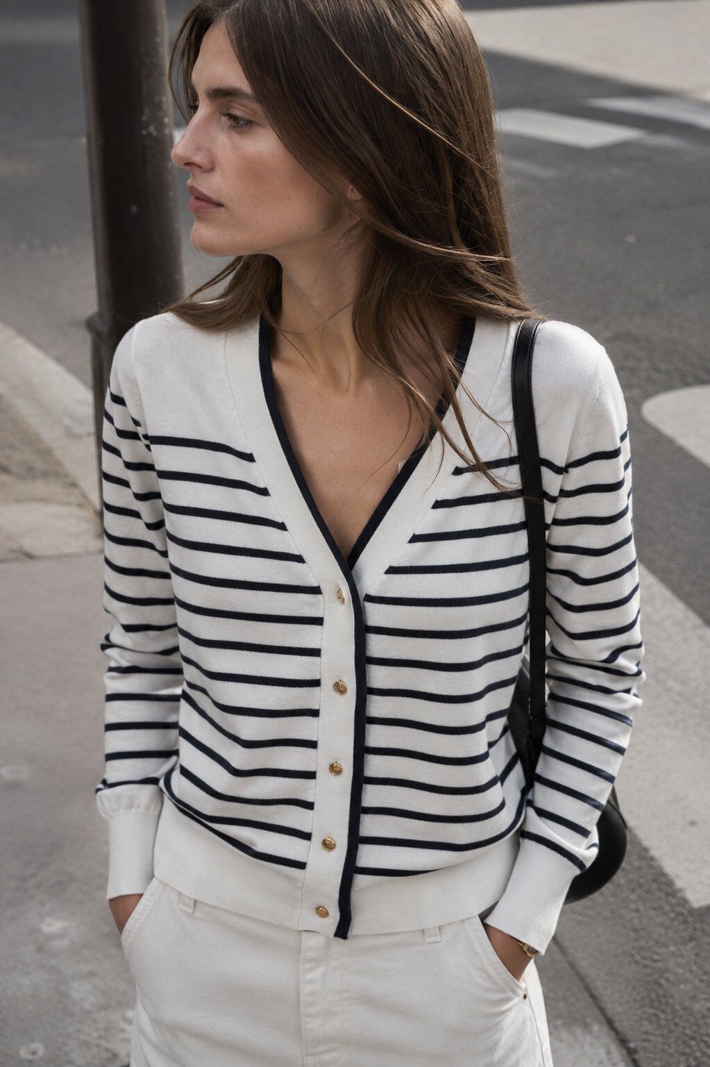 Wholesaler Justine&co Italy - Striped Breton Cardigan with V-Neck