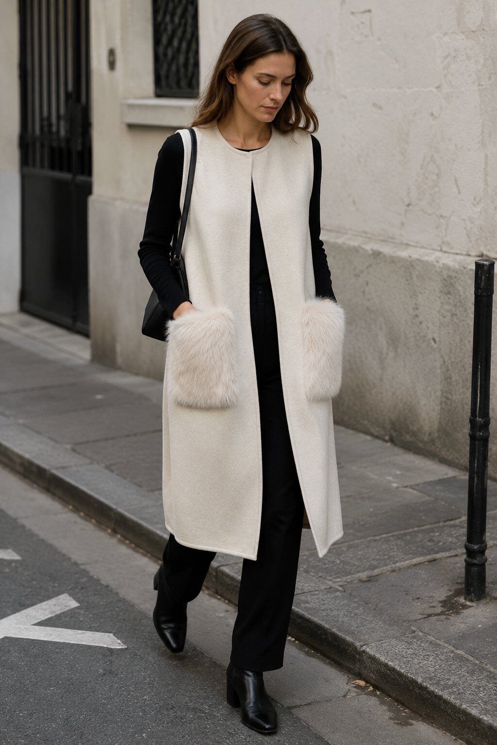 Wholesaler Justine&co Italy - Ecru Sleeveless Long Vest with Faux Fur Pockets – Winter Elegance