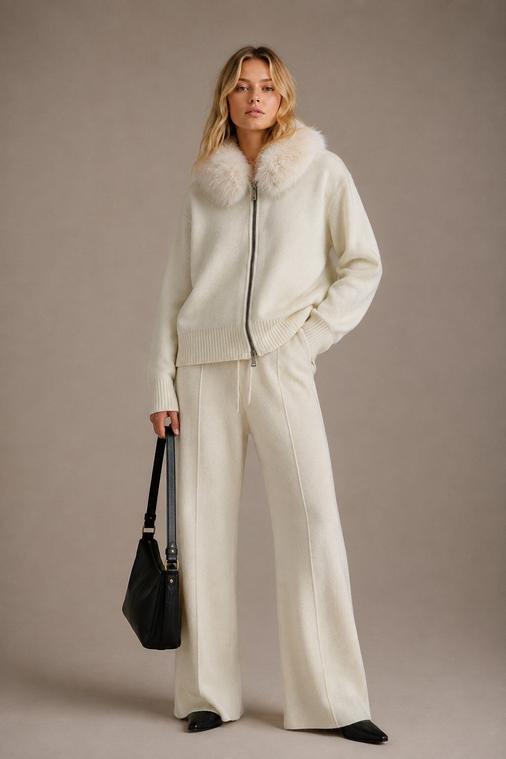 Wholesaler Justine&co Italy - Premium Knit Ecru Set with Faux Fur Hood