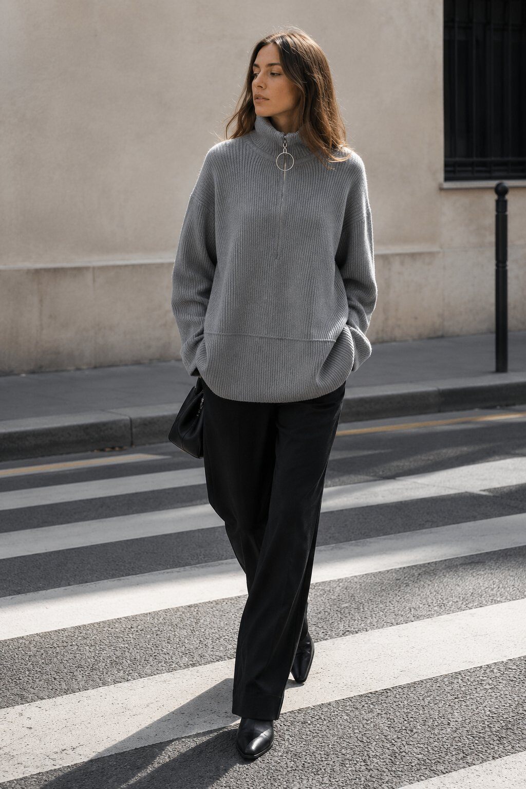 Wholesaler Justine&co Italy - Oversized Ribbed Knit Sweater with Zip Collar