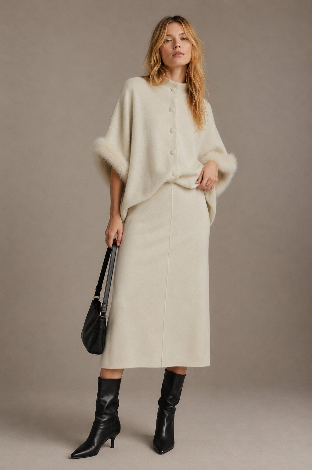 Wholesaler Justine&co Italy - Premium Knit Ecru Set with Faux Fur Trimmed Cape