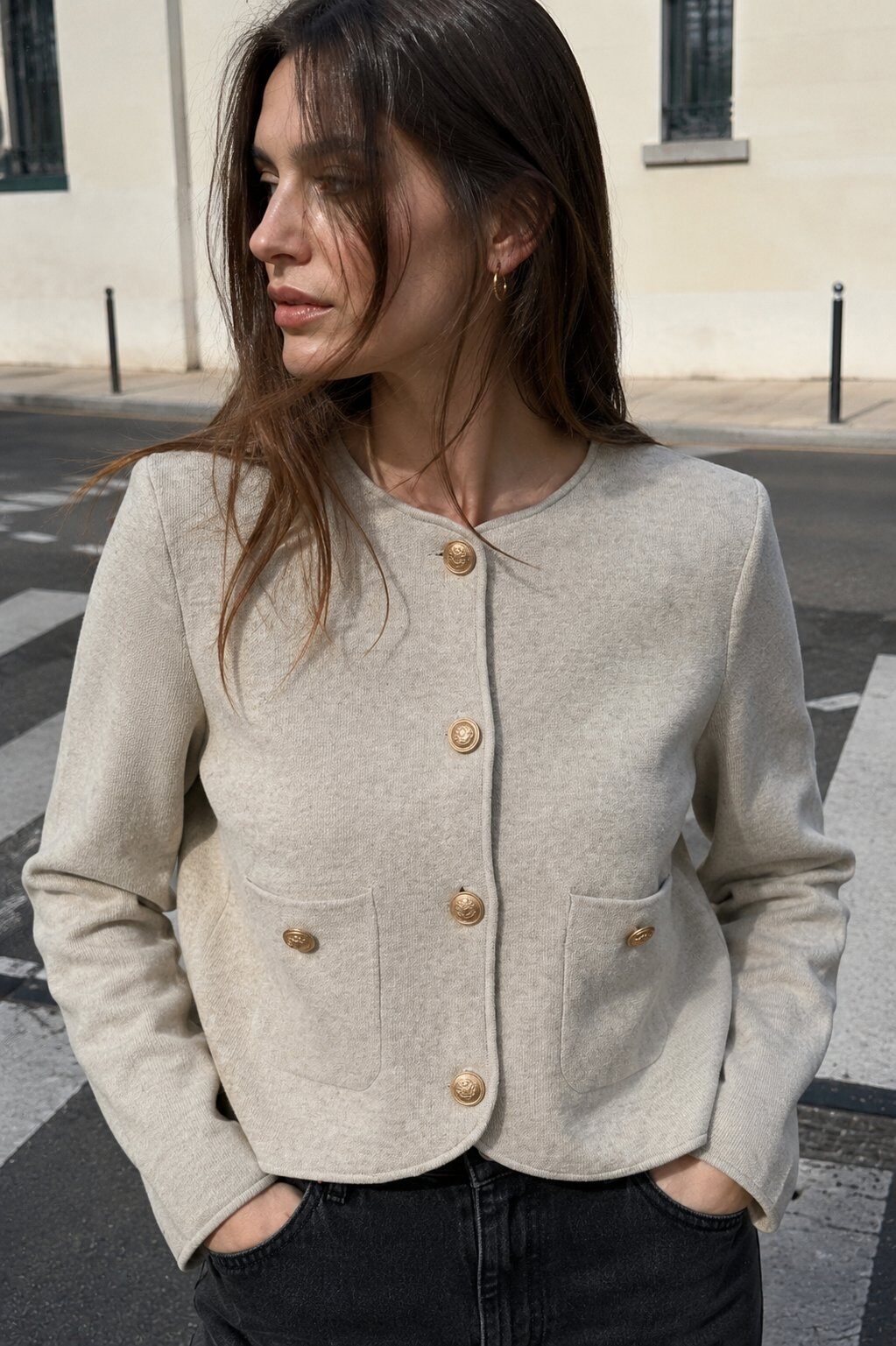 Wholesaler Justine&co Italy - Ivory Short Jacket with Gold Buttons and Patch Pockets