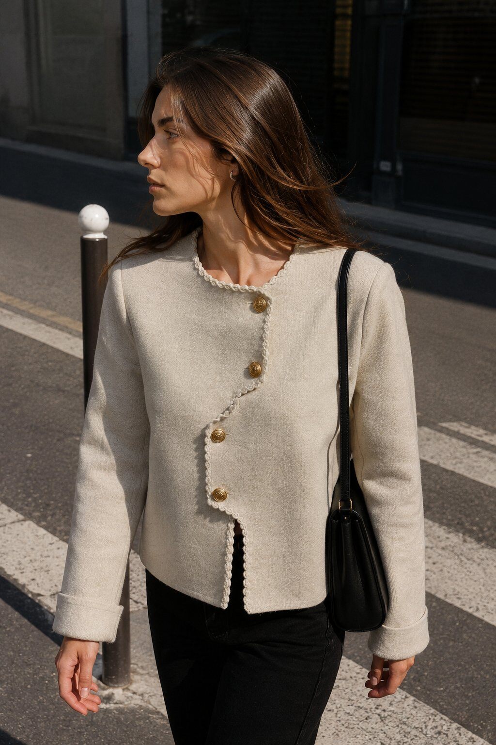 Wholesaler Justine&co Italy - Ivory Short Jacket with Asymmetric Closure and Jewel Buttons
