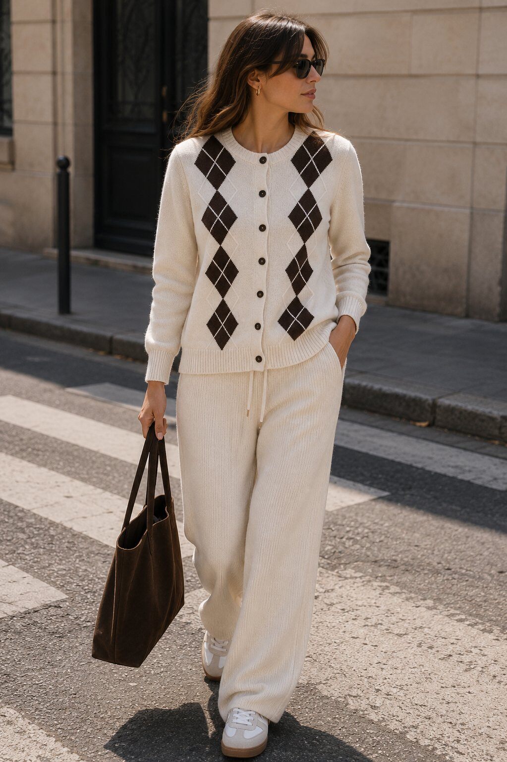 Grossista Justine&co Italy - Cardigan Ecru con Bottoni e Motivi a Rombo Argyle Marroni