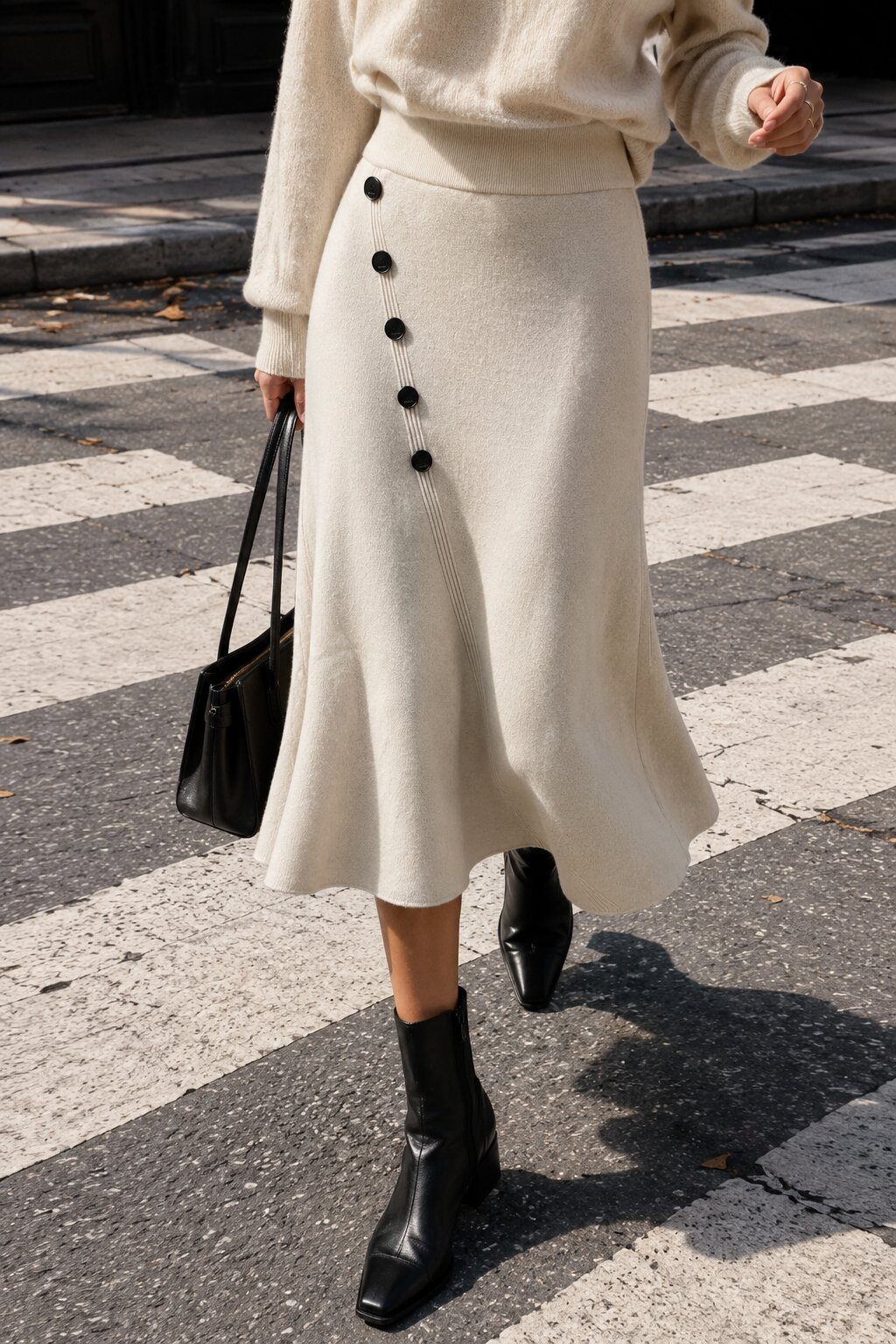 Grossiste Justine&co Italy - Jupe Midi Évasée en Maille à Boutons Contrastants