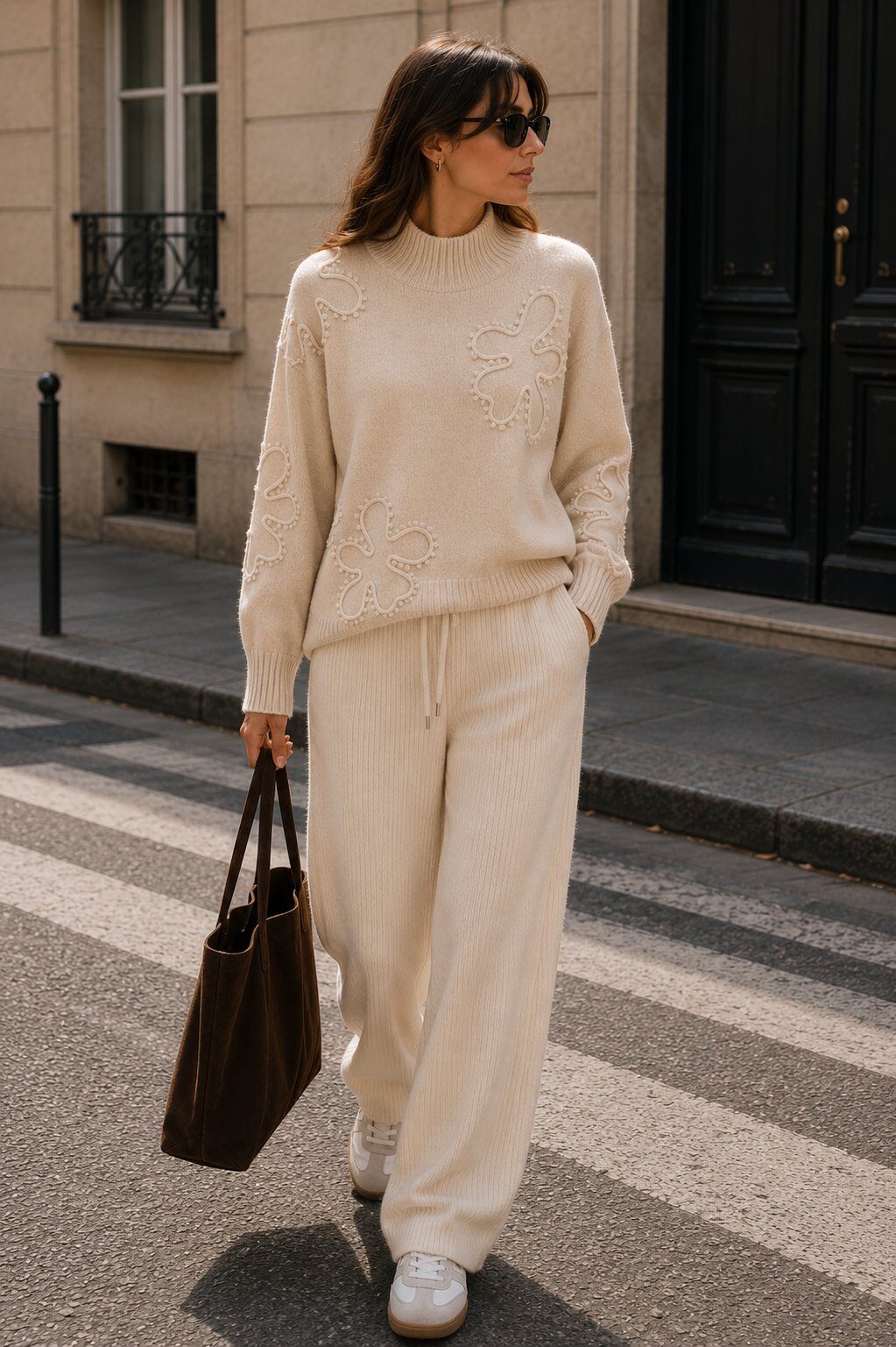 Grossista Justine&co Italy - Maglione in maglia di viscosa a taglio dritto con ricami floreali tono su tono