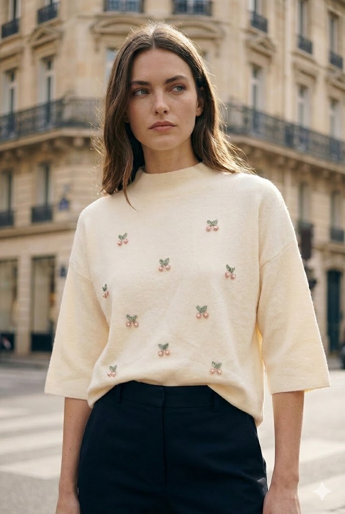 Wholesaler Justine&co Italy - Loose-Fit Sweater with 3/4 Sleeves and Beaded Cherry Embroidery