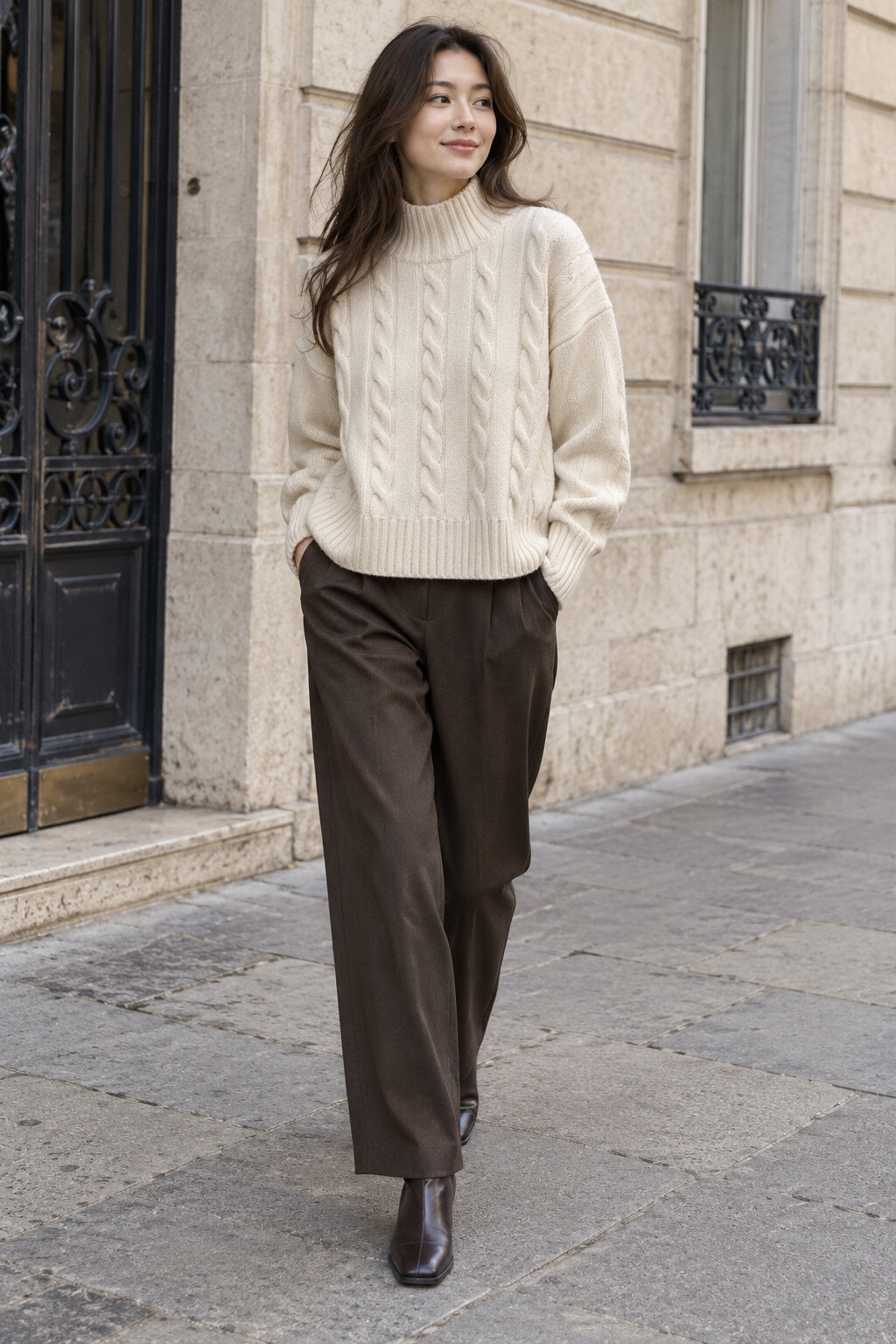 Großhändler Justine&co Italy - Elfenbeinfarbener Zopfmuster-Rollkragenpullover