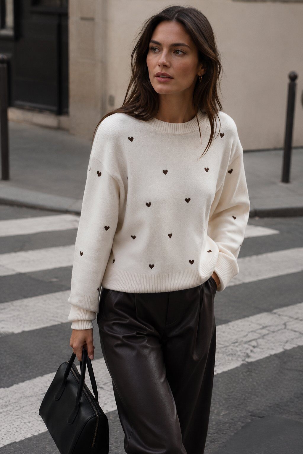 Wholesaler Justine&co Italy - Ecru Knit Sweater with Embroidered Heart Pattern