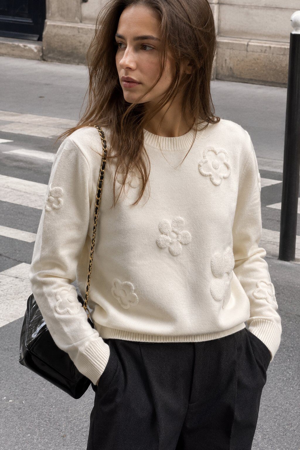 Wholesaler Justine&co Italy - Textured Floral Knit Sweater – Ecru