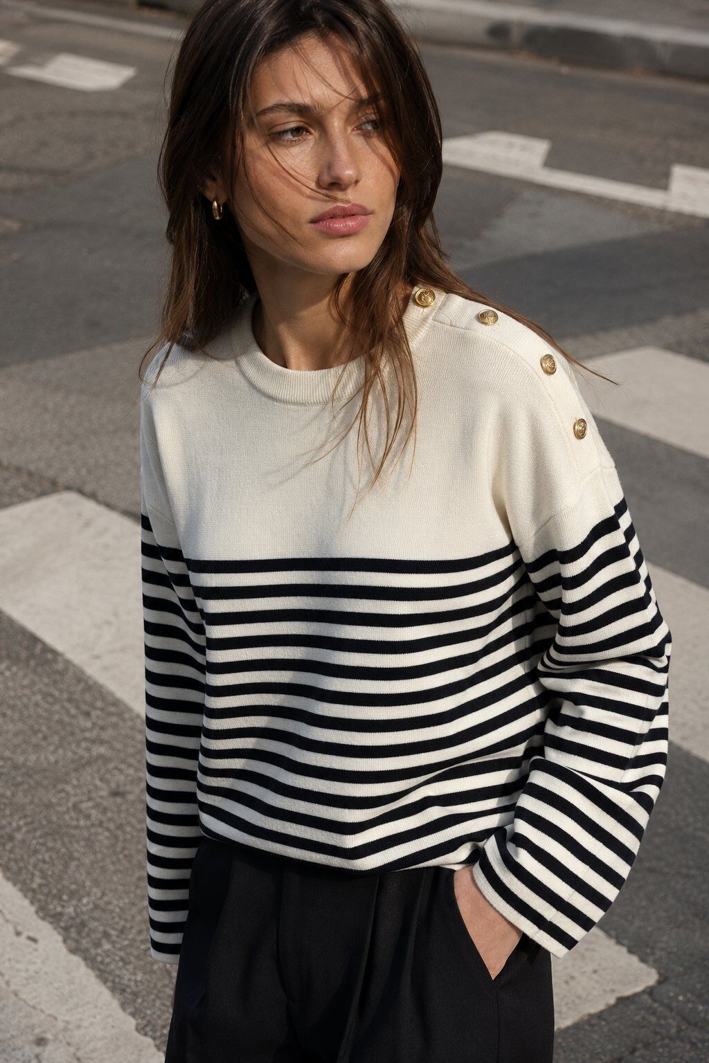 Wholesaler Justine&co Italy - Oversized Breton Sweater with Jewel Buttons