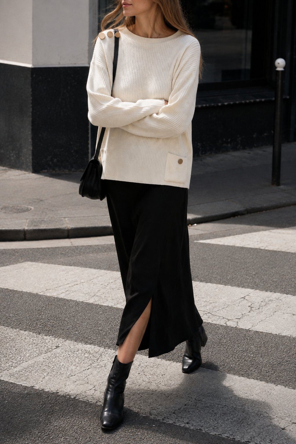 Wholesaler Justine&co Italy - Ribbed Ecru Sweater with Gold Buttons on the Shoulder and Patch Pocket