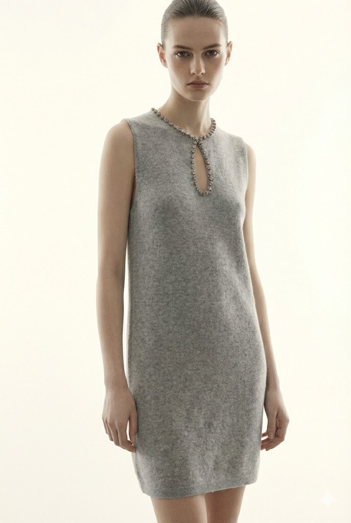 Wholesaler Justine&co Italy - Sleeveless Short Dress in Ecru Knit with Jeweled Teardrop Neckline