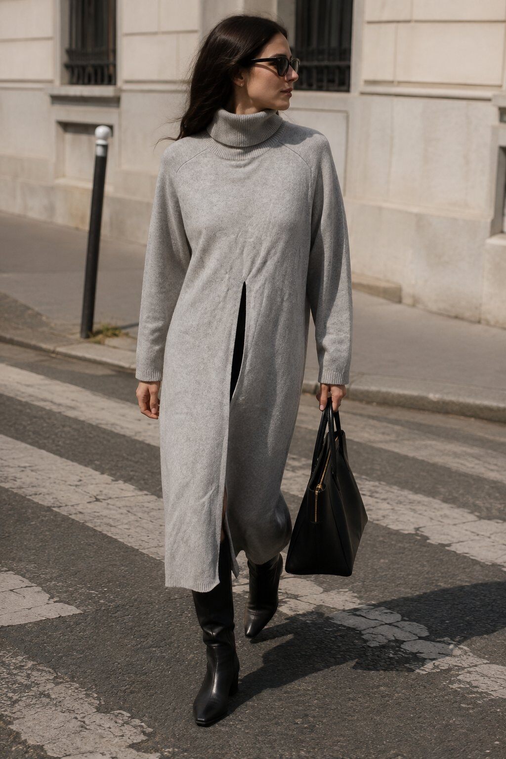 Grossista Justine&co Italy - Abito Maglione Lungo Grigio in Maglia Morbida con Collo Alto e Spacco Centrale