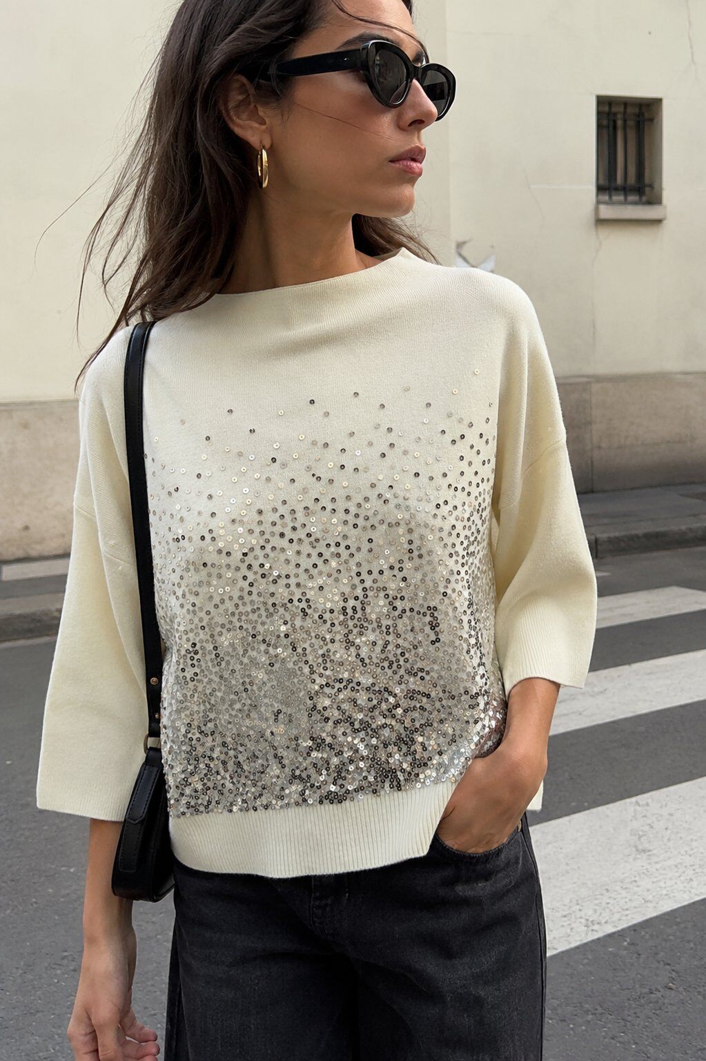 Wholesaler Justine&co Italy - High Neck Knit Sweater Adorned with Gradient Sequins – Ecru