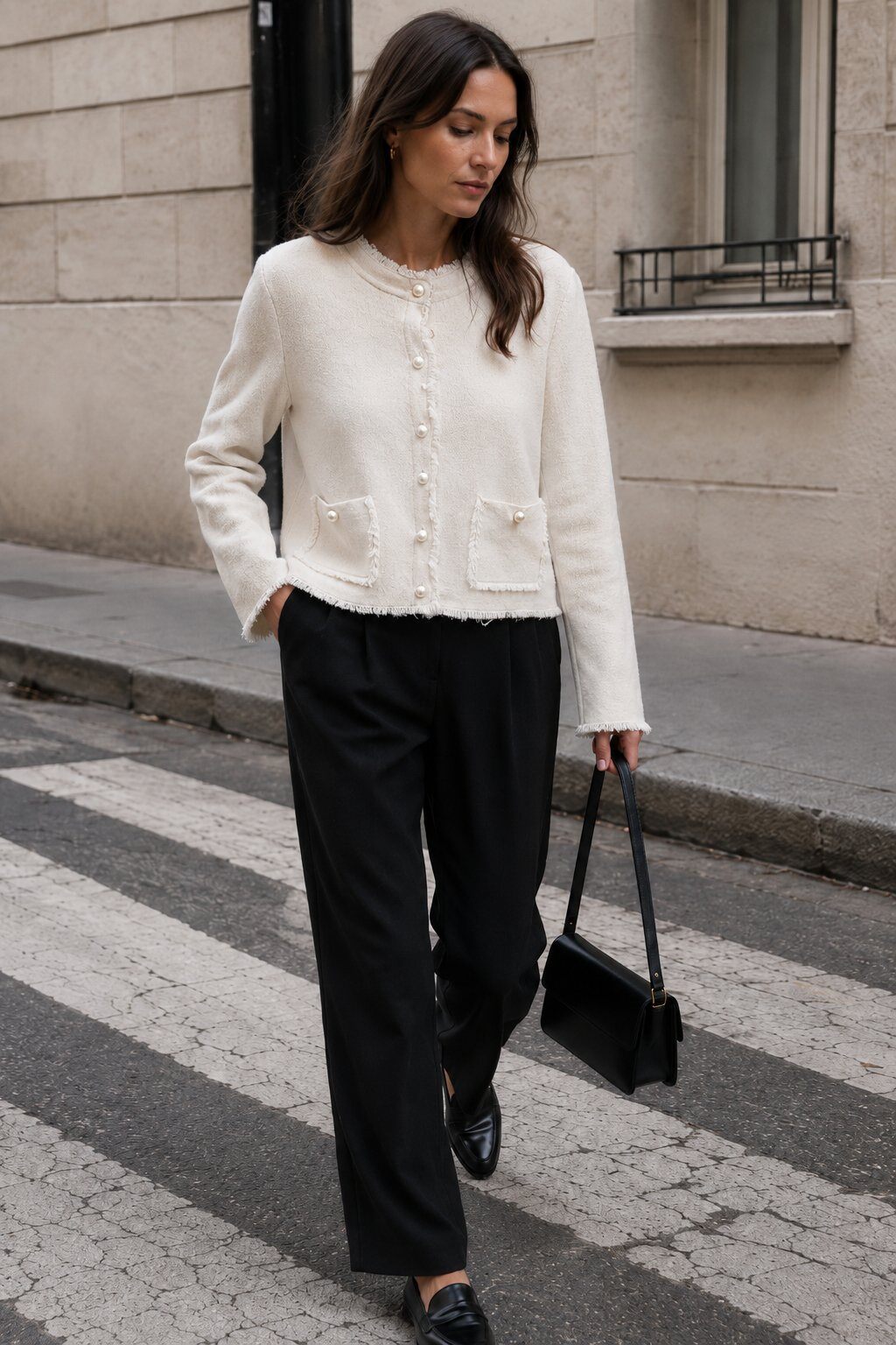 Grossiste Justine&co - GILET EN MAILLE À BORDS FRANGÉS, BOUTONS PERLÉS ET POCHES PLAQUÉES