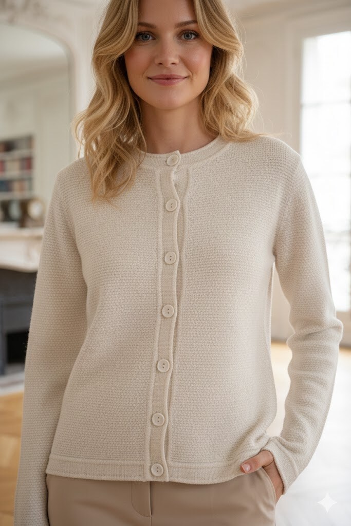 Grossiste Justine&co - Gilet Col Rond Maille Texturée Fine Boutonné Classique