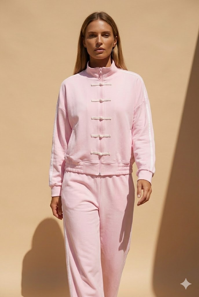 Mayorista Justine&co - Conjunto de jogging rosa con detalles asiáticos – Chaqueta con cremallera y pantalón fluido