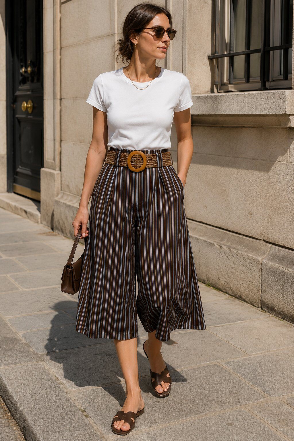 Grossiste Justine&co - Pantacourt rayé taille élastiquée avec ceinture
