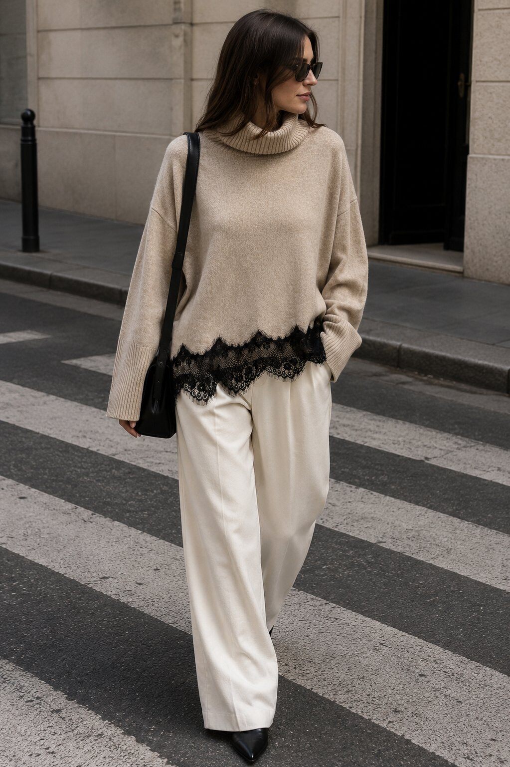 Wholesaler Justine&co - Beige Turtleneck Sweater with Black Lace