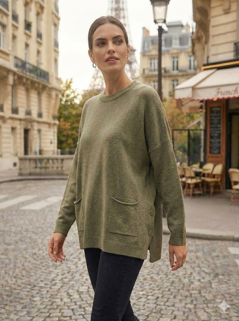 Grossiste Justine&co - Pull en maille avec poches plaquées col rond manches longues