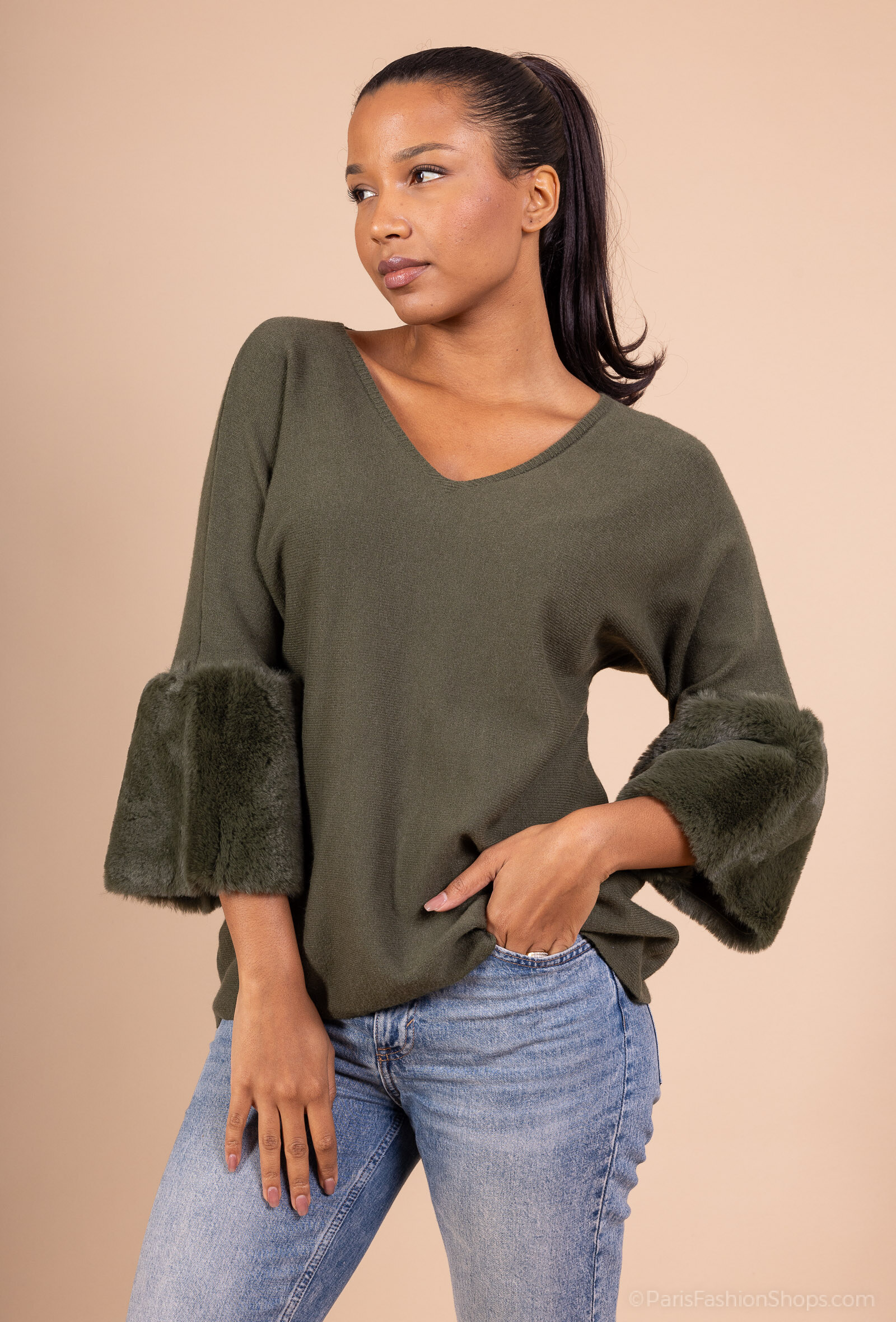 Grossiste Justine&co - PULL DORIAN MANCHE FOURRURE