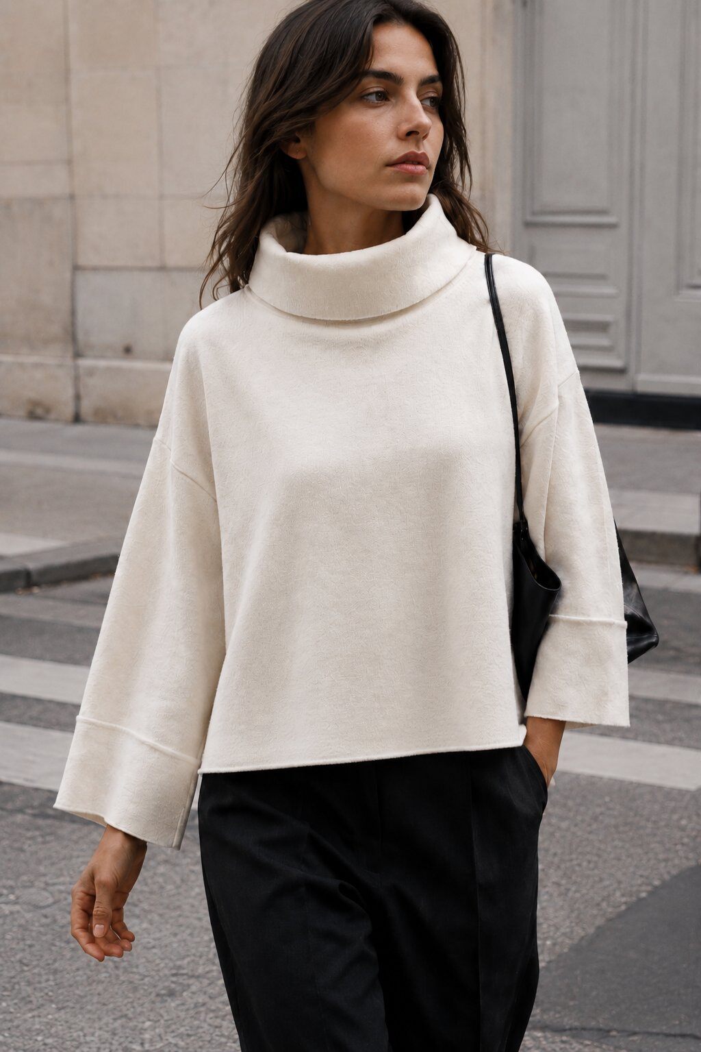 Wholesaler Justine&co - Ecru Soft Knit Sweater with Funnel Neck and Asymmetric Cut