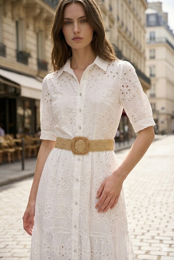 Mayorista Justine&co - Justine&co Vestido Camisero Midi en Bordado Inglés con Cinturón Trenzado
