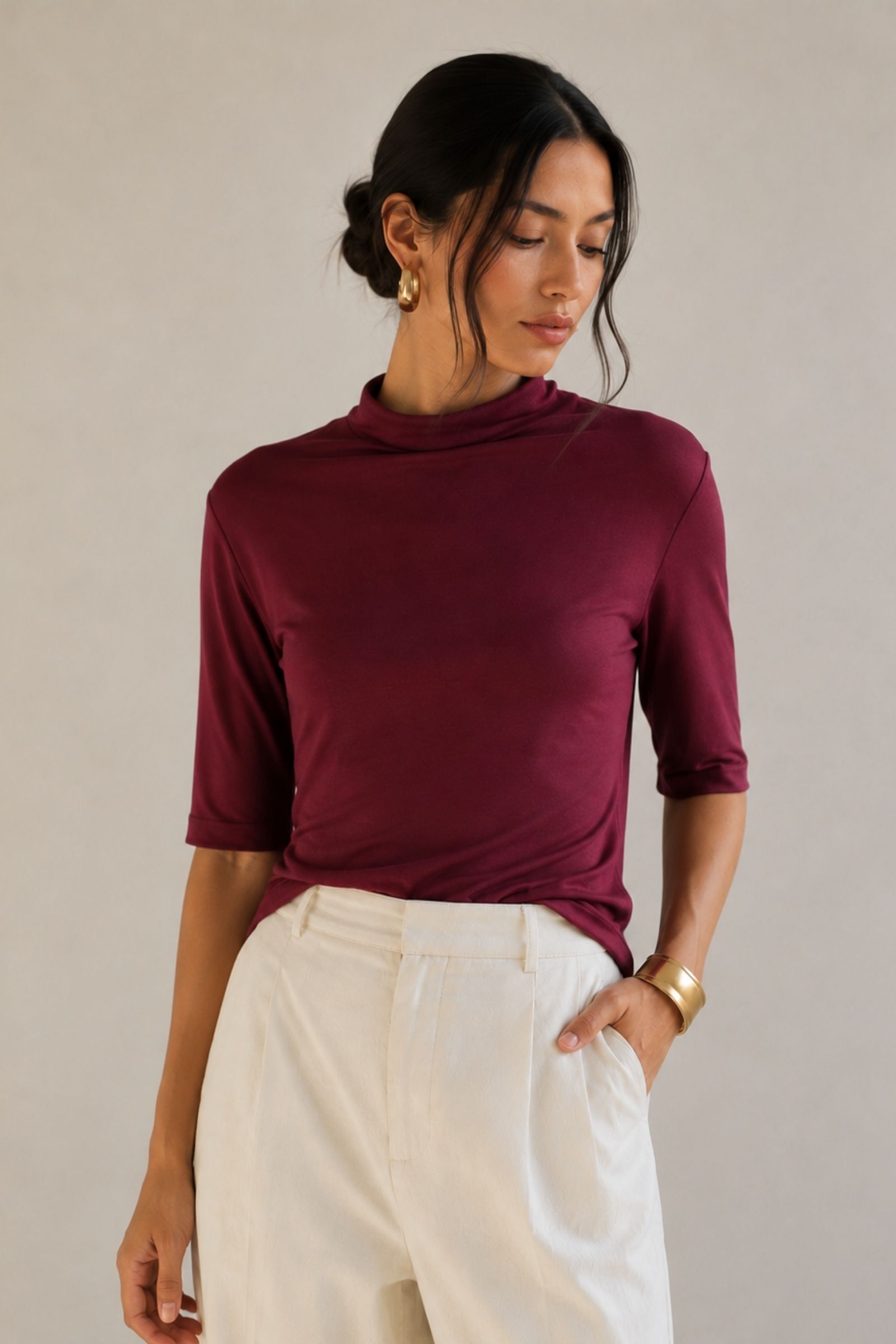 Wholesaler jw.atelier - 100% Lyocell High Neck Elbow Sleeve Top