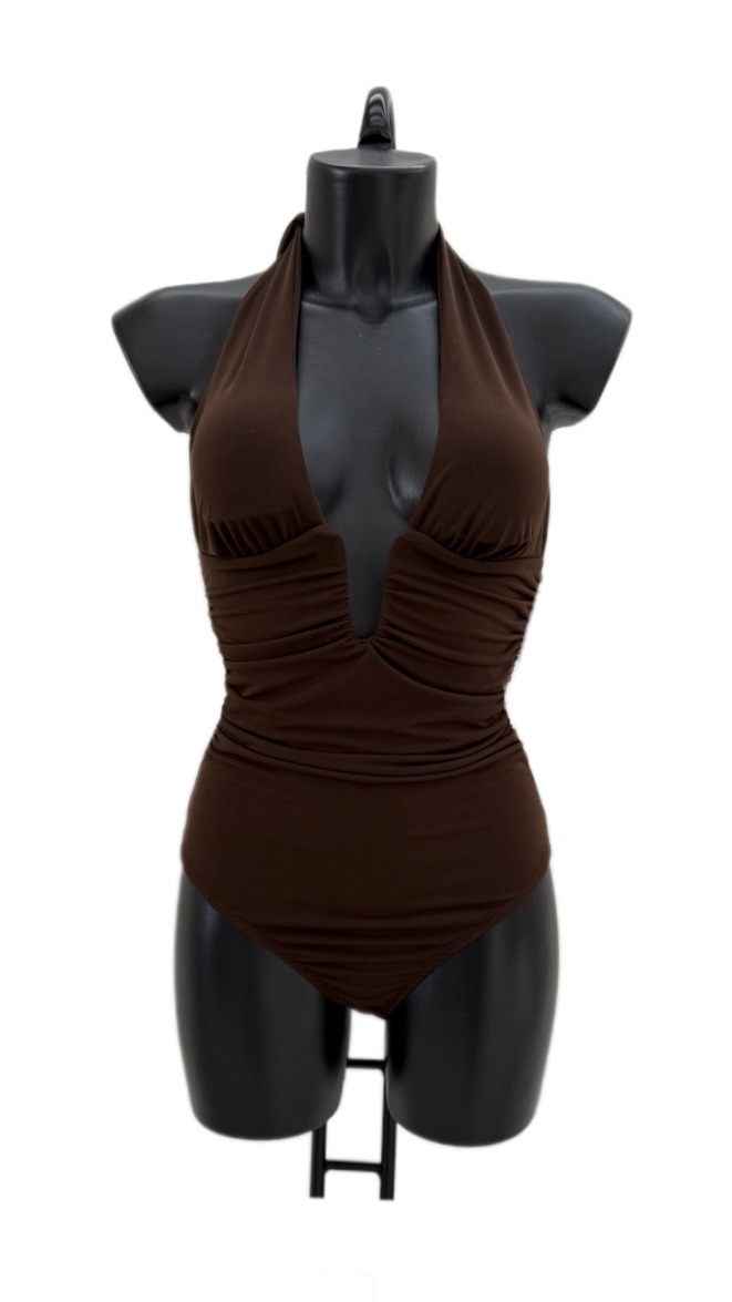 Wholesaler K1 - Bodycon dress with a halter neckline, deep V-neckline, and elegant draped details at the waist.