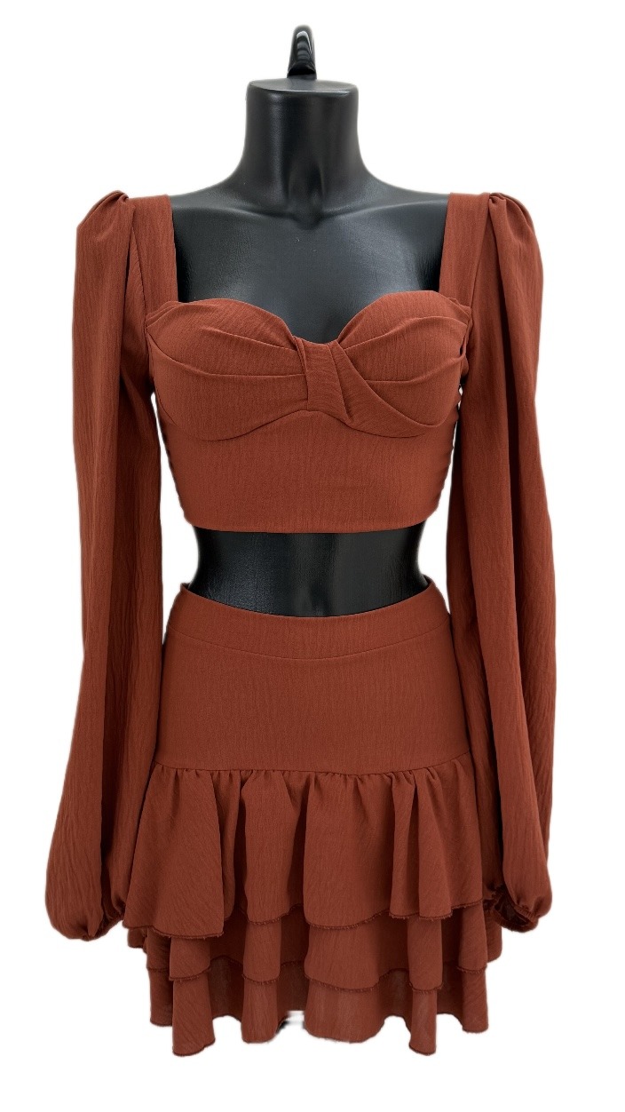 Grossiste K1 - Crop top à manches longues bouffantes, encolure carrée et minijupe fluide avec volants à étages