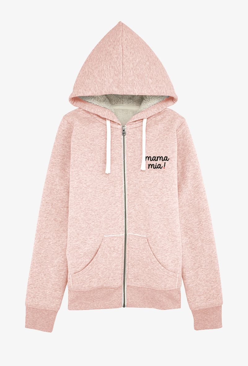 Grossiste Kapsul - Sweat zippé Adulte Rose chiné COTON BIOLOGIQUE - BRODERIE Mama mia