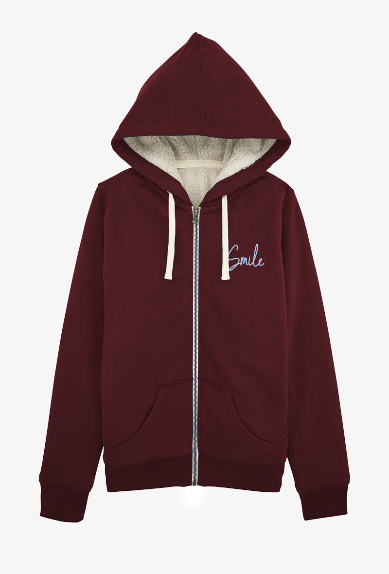 Grossiste Kapsul - Sweat zippé Adulte Bordeaux COTON BIOLOGIQUE - BRODERIE Smile