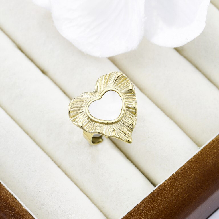 Wholesaler Kapyco - Mother-of-pearl heart ring in stainless steel