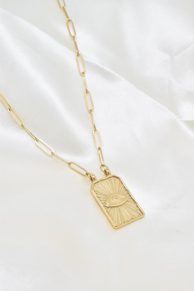 Mayorista Kapyco - Collar de doble cara con ojo de la suerte en acero inoxidable dorado