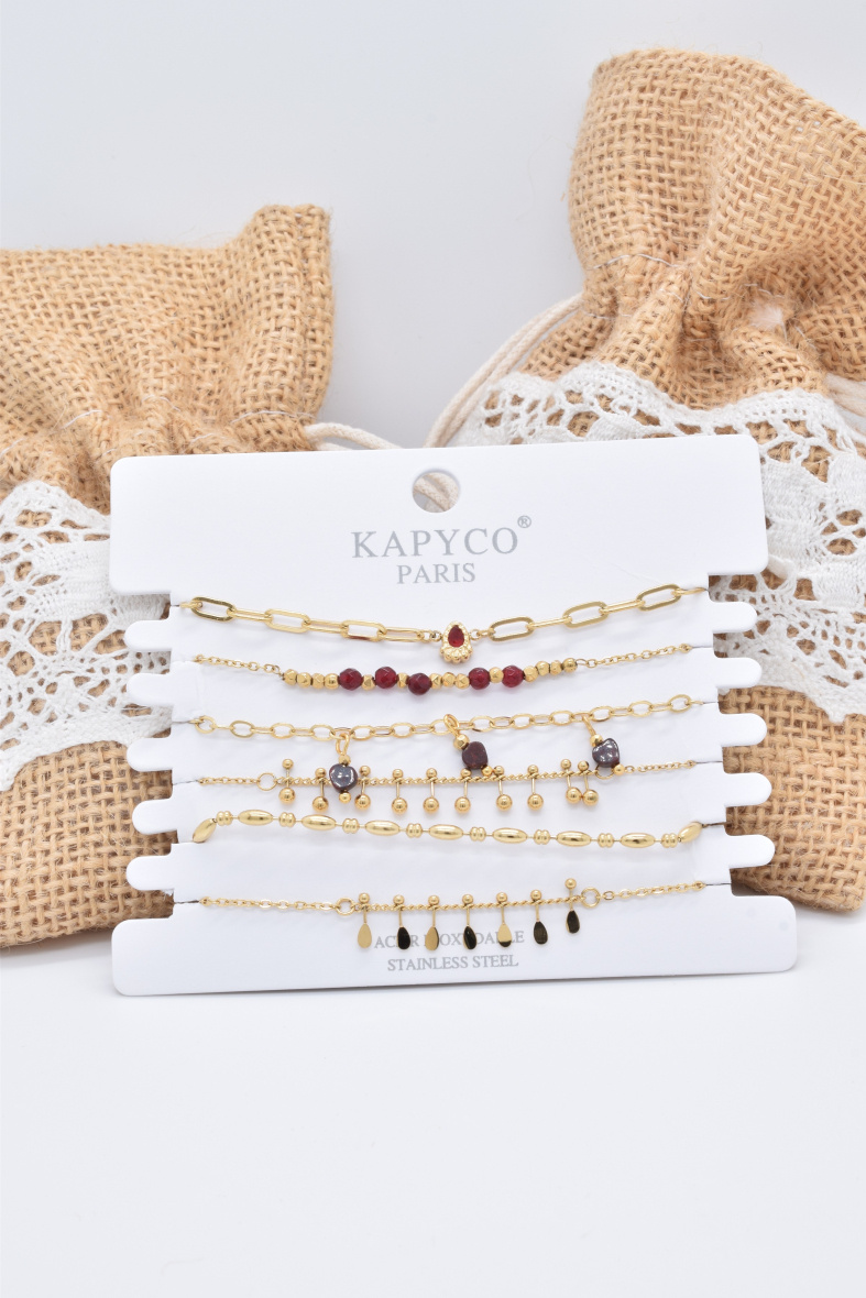 Mayorista Kapyco - Juego de 6 pulseras de acero dorado.