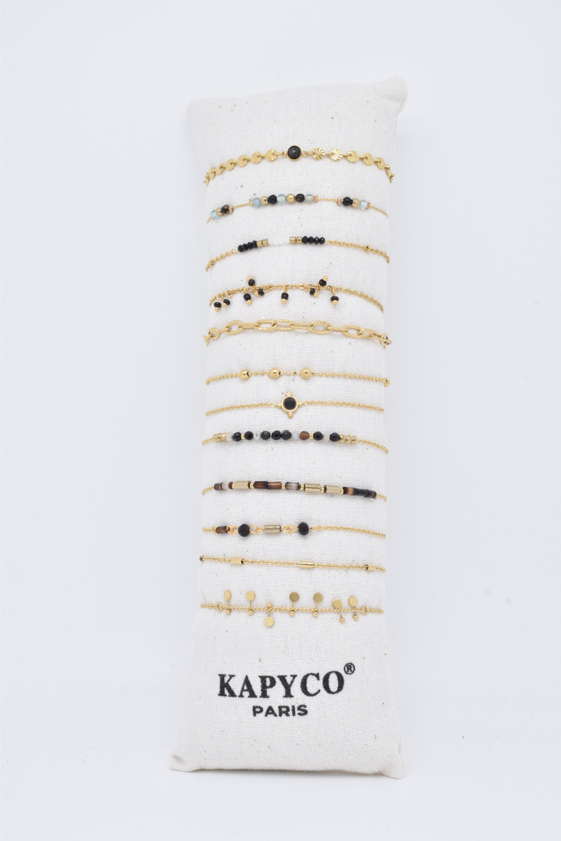Wholesaler Kapyco - Set of 12 gold steel bracelets with natural stones