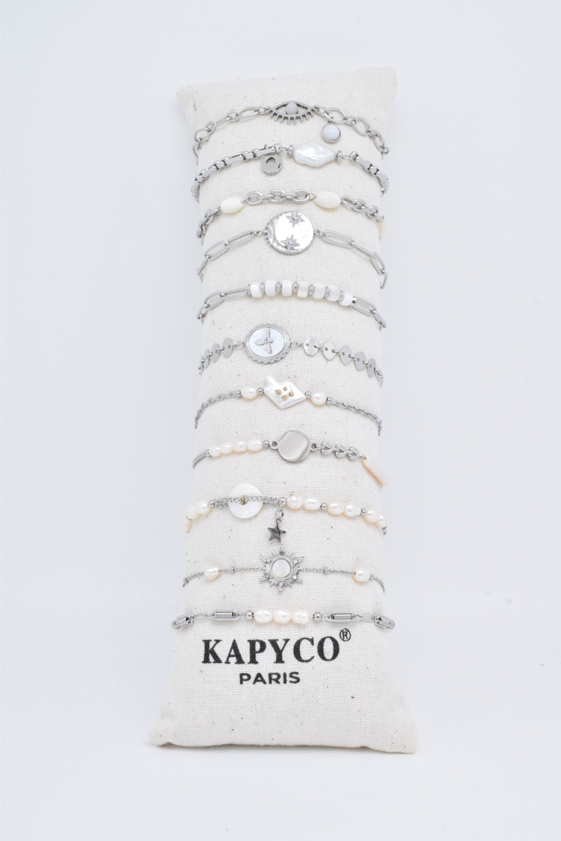 Grossiste Kapyco - Lot de 12 bracelets nacres et perles en acier argenté