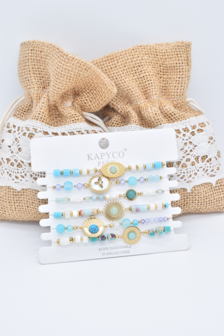 Grossiste Kapyco - Lot de 6 Bracelets élastique en acier doré avec pierres et nacres