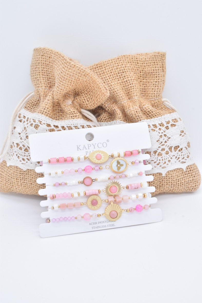 Grossiste Kapyco - Lot de 6 Bracelets élastique en acier doré avec pierres et nacres