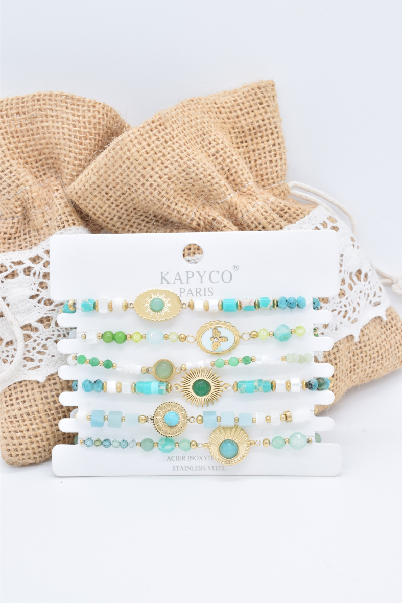 Grossiste Kapyco - Lot de 6 Bracelets élastique en acier doré avec pierres et nacres