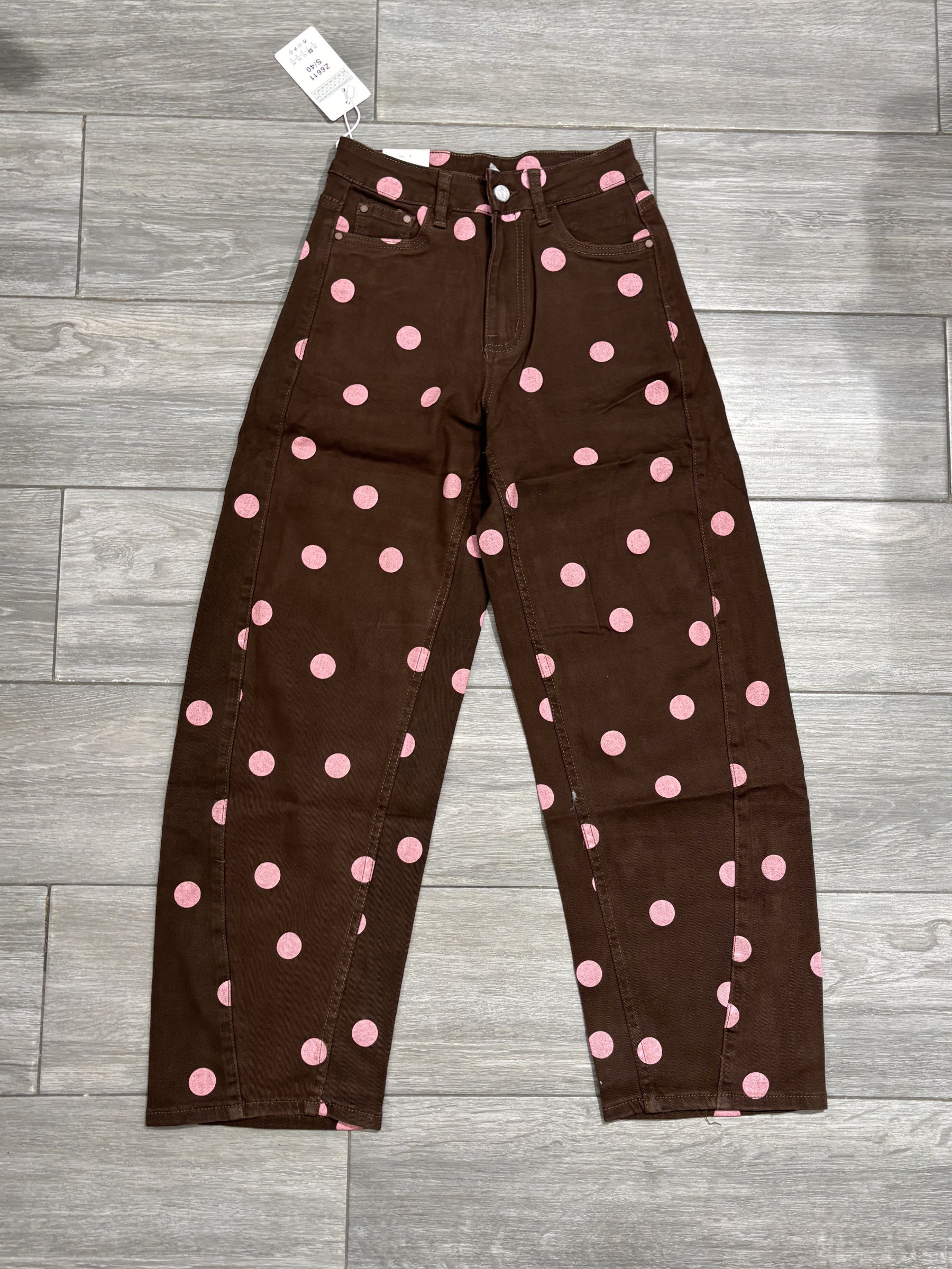 Grossiste KATE DENIM - Jean balloon fit Marron pois roses