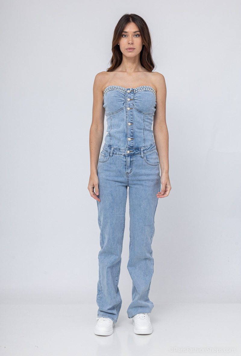 Grossista Kathy Jeans - Scimmia cowboy a gamba larga senza spalline con diamanti di imitazione