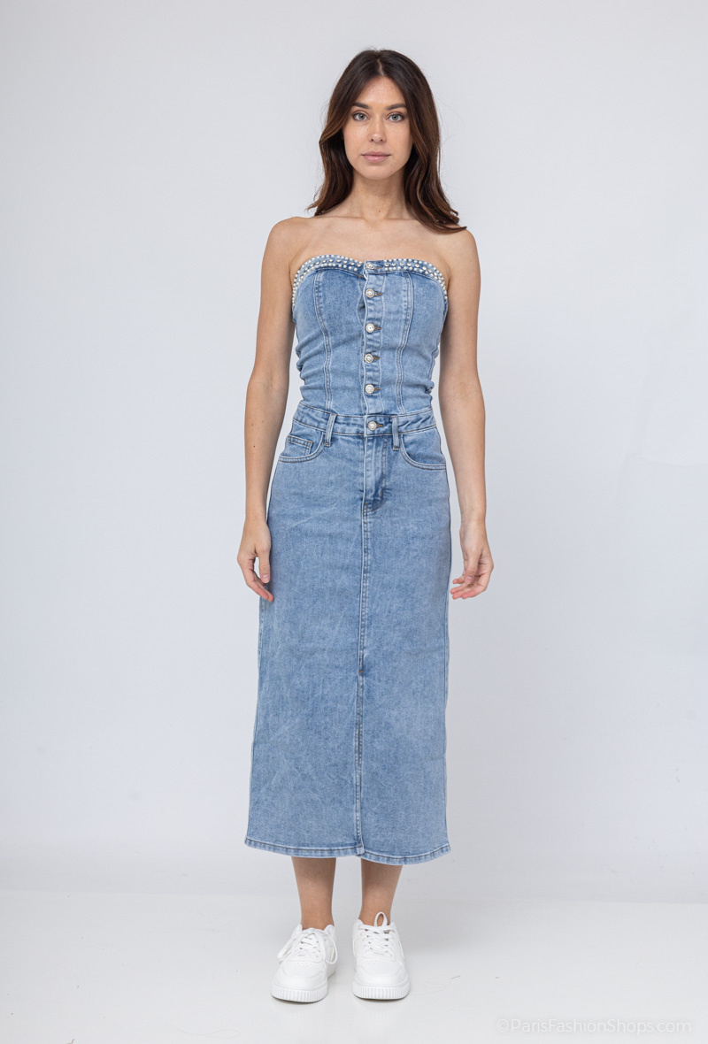 Großhändler Kathy Jeans - Trägerloser Overall mit Strasssteinen und langem Rock