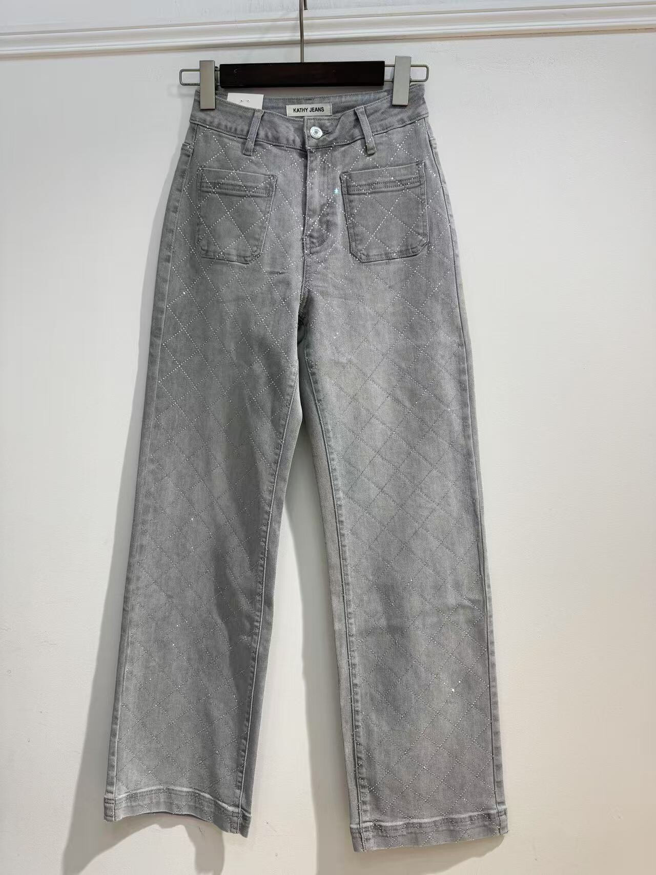 Wholesaler Kathy Jeans - Jean wide leg stretch poche plaqué strass croisé
